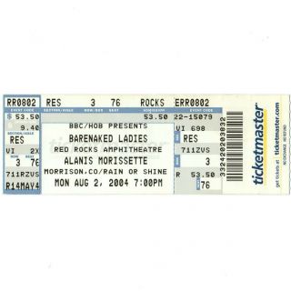 Barenaked Ladies & Alanis Morissette Concert Ticket Full Stub 8/2/04 Red Rocks