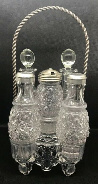 Antique Victorian Condiment Caddy W/ Etched Glass Cruets Set.