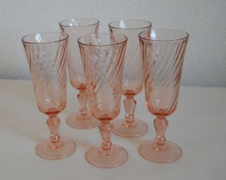 5 Vintage Pink Rosaline Swirl Champagne Flutes Luminarc Arcoroc Glasses France