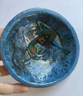 Signed Polia Pillin Mid Century Fish Art Pottery Bowl Modern Hand Painted Blue