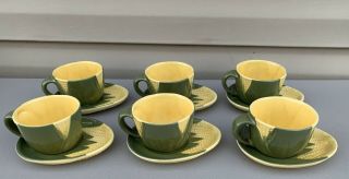 6 Vintage Shawnee Corn King Pottery Cups And Saucers Usa 90 And 91