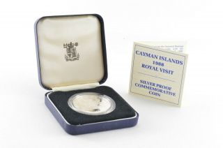 1988 Cayman Islands Sterling Silver Pf 5 Dollars - Royal Visit - Box & 085