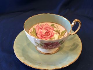 Aynsley Cup Saucer Sage Green,  Gold,  Two Pink Cabbage Roses,  Wide Mouth