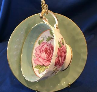 Aynsley Cup Saucer sage green,  gold,  two pink cabbage roses,  wide mouth 2