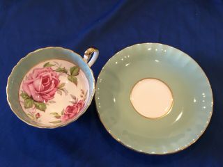 Aynsley Cup Saucer sage green,  gold,  two pink cabbage roses,  wide mouth 3