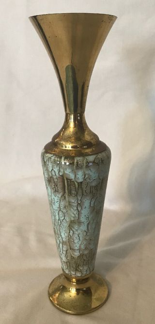 Vtg  Delftware  Tall Bud Vase W Brass Top/base Handpainted Porcelain Holland