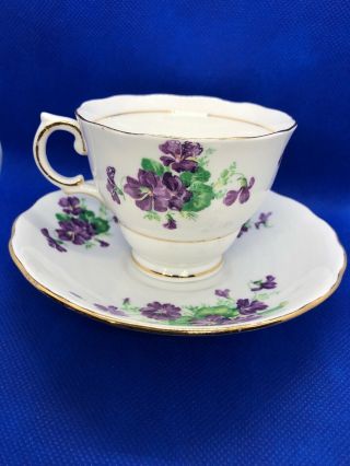 Colclough Bone China White With Purple Violets & Gold Trim Tea Cup & Saucer