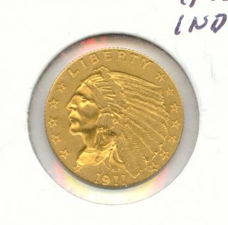 1911 $2 - 1/2 Indian Head Gold Coin Quarter Eagle Circulated Vf