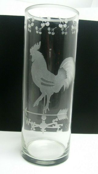 Vintage Perry Coyle Clear Crystal Round Vase W Etched Rooster Weathervane Signed