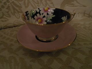 Rare Antique Handpainted Floral Black And Pink Paragon England Teacup & Saucer