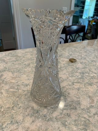 Vintage Cut Glass Vase 12in Saw Tooth Edge Star