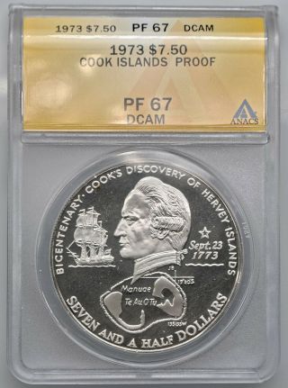 1973 Cook Island $7 1/2 Silver Proof Coin Pf67 Dcam Anacs Captain Cook Discovery