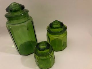 Set Of 3 Le Smith Panelled Green Apothecary Canister Jar With Lids