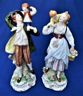2 Sitzendorf Dresden Porcelain Polychrome Figurine Pair Man Woman Children Baby