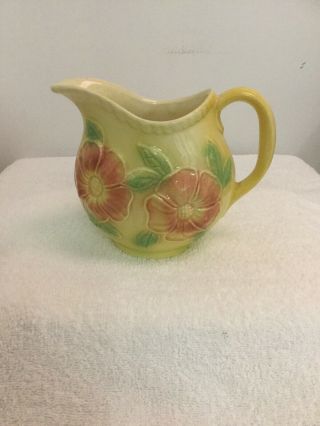 Hull Sunglow Yellow Pottery Pitcher Vase Bow Knot Pink Flowers Gloss Finish