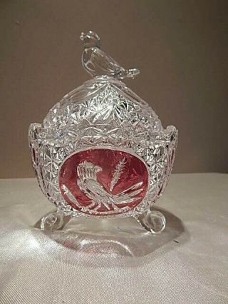 Vintage Hofbauer Byrdes Crystal Ruby Red Candy Dish With Birds