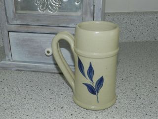 Vtg Salt Glazed Stoneware Williamsburg Tall Coffee Mug Blue Leaf 6 " Tall
