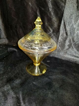Vintage Depression Art Deco Covered Candy Dish,  Yellow Cut To Clear