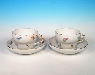 Meissen Royal Porcelain Pr Scattered Flowers Rococo Tea Cups Saucers 1st Quality