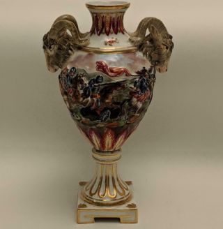 Antique Capodimonte Porcelain Urn W/ Rams Heads & Battle Scene