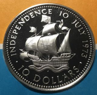 Bahamas 1973 Independence Day 10 Dollars 1.  48 Oz.  Silver Proof Coin & Stamp