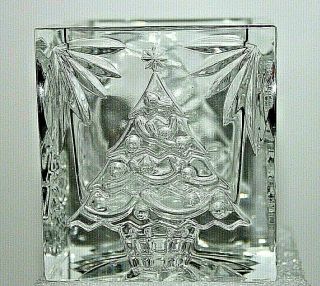 Waterford Crystal Christmas Tree/happy Holidays Signed Square Candle Votive