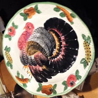 Turkey Platter Hand Painted Basket Weave Border Ceramic Made Italy Vintage