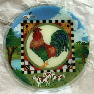 Peggy Karr Fused Art Glass " Rooster,  Cows & Sunflowers & Blue Sky " 11 " Plate