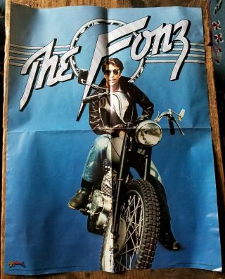 1976 Scholastic The Fonz Fonzie On Motorcycle Happy Days Dynamite Poster Folded