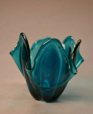 Vintage Antique Bright Blue Art Glass Small Vase Showy 4 3/4 " Hight