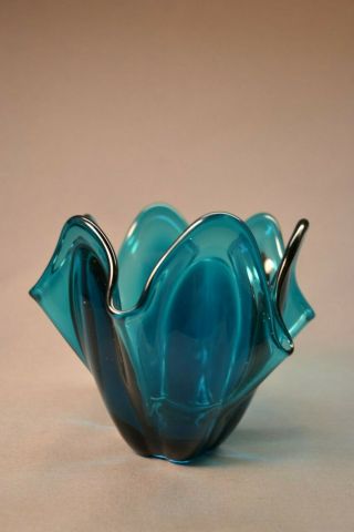 Vintage Antique Bright Blue Art Glass Small Vase Showy 4 3/4 