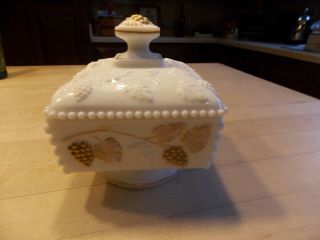 Vintage Milk Glass Westmoreland Paneled Grape Gold Painted Covered Candy Dish