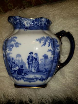 Antique Doulton Watteau Flow Blue Porcelain Lrg11 " Water Pitcher - Burslem England