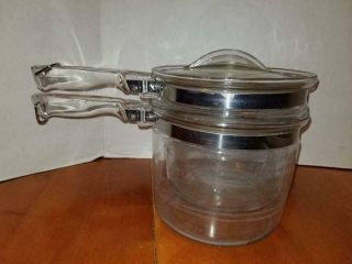 Vintage 3 Piece Pyrex Flameware Glass Double Boiler Pot With Lid 1 1/2 Qt