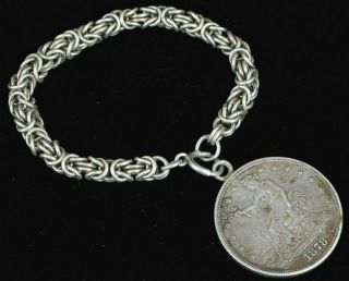 Antique 1878 Liberty Trade Dollar Sterling Silver Charm Bracelet Very Fine Heavy
