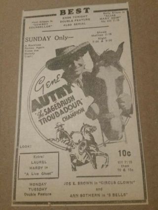 1935 Gene Autry In The Sagebrush Troubadour With Champion Movie Newspaper Ad