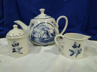 Peter Van Rossum Delft Blue Teapot,  Creamer,  Sugar Bowl Hand - Painted