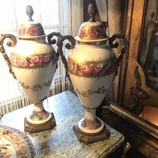 Antique French Limoges Covered Jar Vases Urn Pair 14”