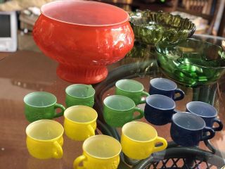 Vintage Jeannette Della Robbia Rare Orange Milk Glass Punch Bowl Set W/12 Cups
