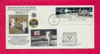 1434 - 35 Fdc Apollo 11 Neil Armstrong Buzz Aldrin 1st On Moon Masonic Flag