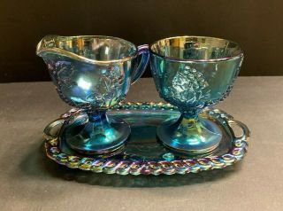 Vintage Indiana Carnival Glass Blue Iridescent Harvest Cream & Sugar With Tray