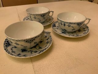 Three Royal Copenhagen Blue Fluted Cups And Saucers