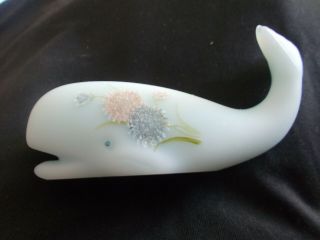 Fenton Glass Whale Blue Satin With Hand Painted Flowers,  Signed By Artist