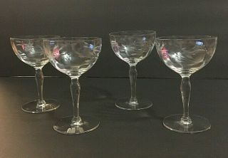 Vintage Panel Etched Champagne Cocktail Coupes Glasses Set Of 4