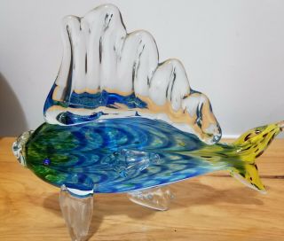 Murano Italy Glass Fish Sculpture Large Blue Green 8 1/2 " Tall 10 " Long