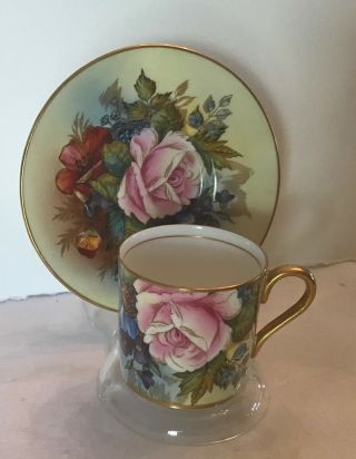 Aynsley Demitasse Cup And Saucer.  Signed J.  A.  Bailey Rose Bouquet