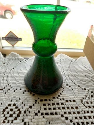 Vintage 1950 ' s Blenko CM - 7 Mini Crackle Glass Vase In Emerald.  Perfect. 2