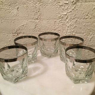 5 Vintage Clear Whiskey Glasses With Silver Rim