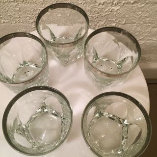 5 Vintage Clear Whiskey Glasses With Silver Rim 3
