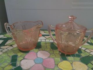 Jeannette Pink Cherry Blossom Cream And Sugar Set With Lid Depression Glass